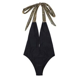 OMG Miami Swimwear Black Swimsuit Size Large Metallic Gold Tie Backs Revealing